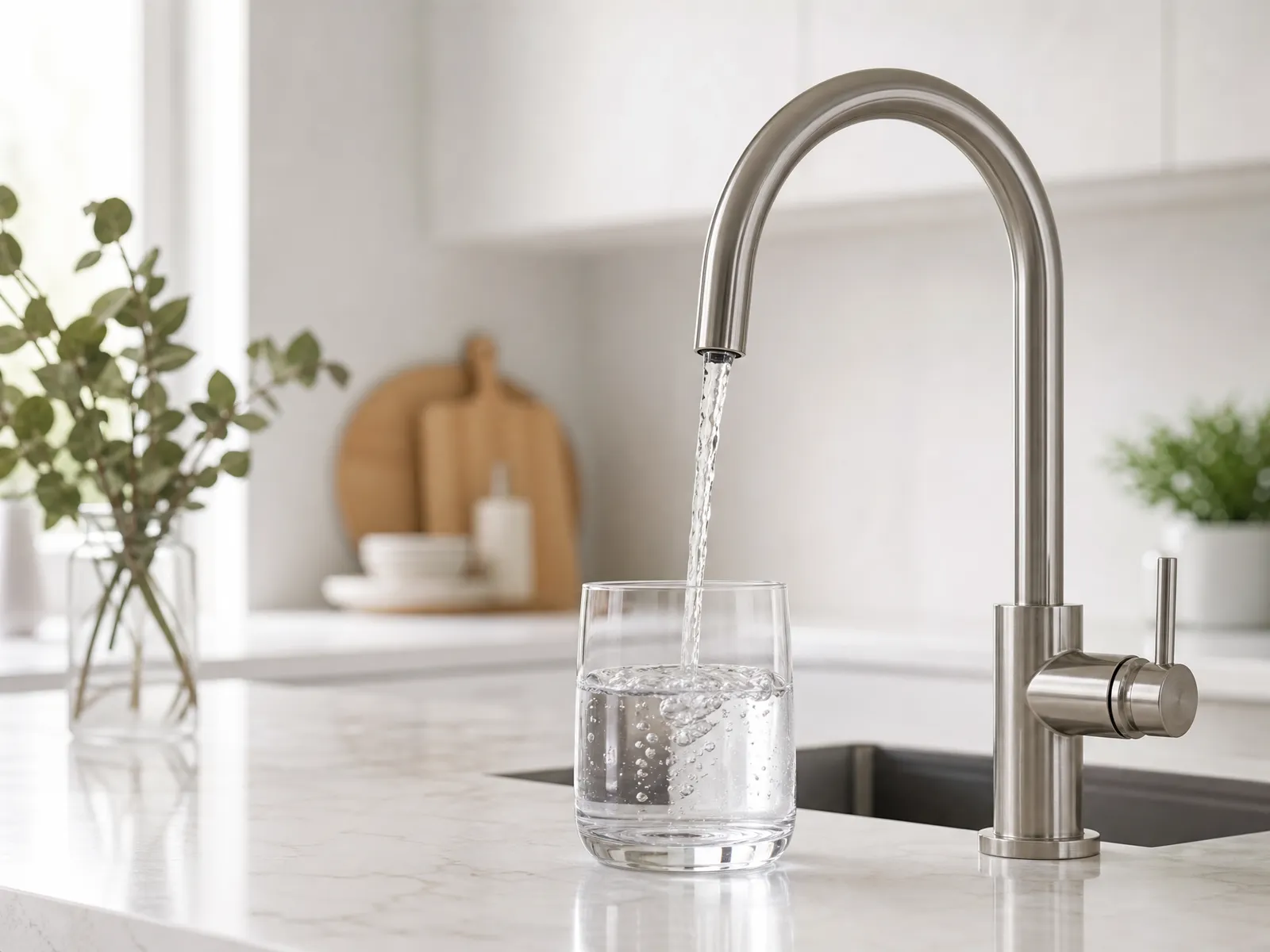 Agua filtrada cayendo de un grifo de cocina en un vaso
